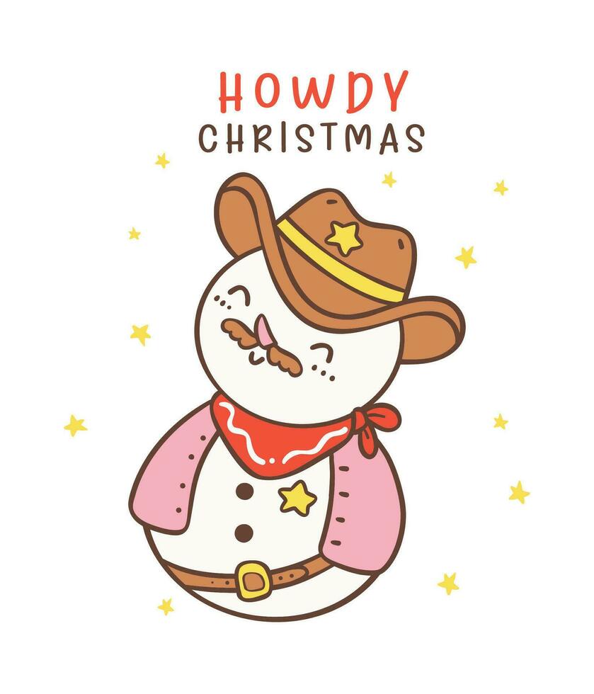 carino cowboy Natale pupazzo di neve cartone animato personaggio mano disegno vettore