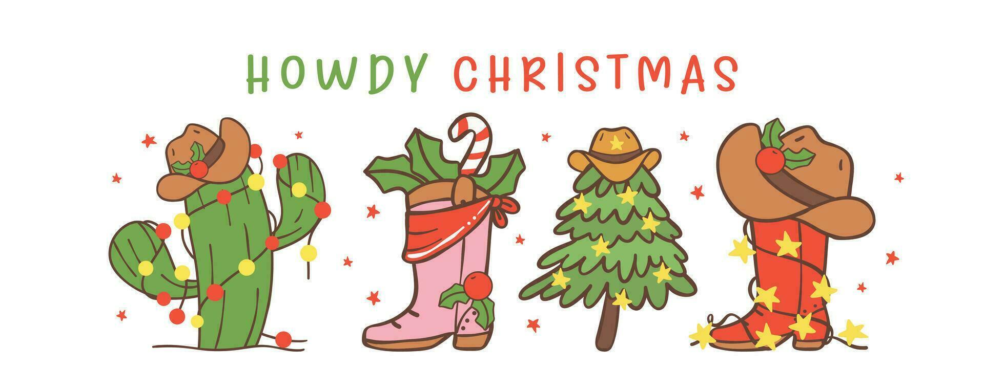 carino cowboy Natale occidentale Ciao Natale bandiera mano disegno cartone animato vettore