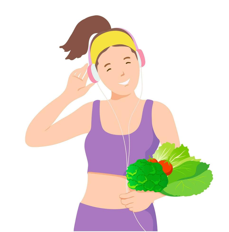 vegetariano cibo e salutare sportivo stile di vita concetto. positivo donna gode preferito canzone nel cuffie trasporta verde verdure vettore