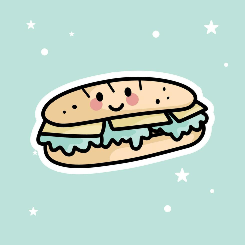 carino kawaii Sandwich è isolato su un' verde sfondo vettore