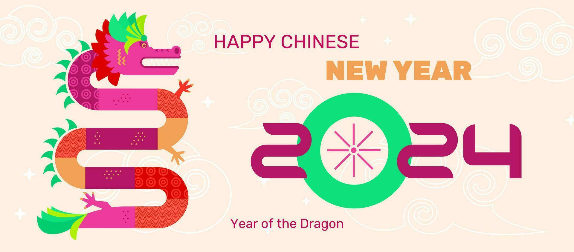 Cinese nuovo anno cartolina con piatto asiatico Drago carattere, zodiaco simbolo di 2024 anno, saluto carta, striscione, modello, decorativo arte con testo saluto. vettore illustrazione.