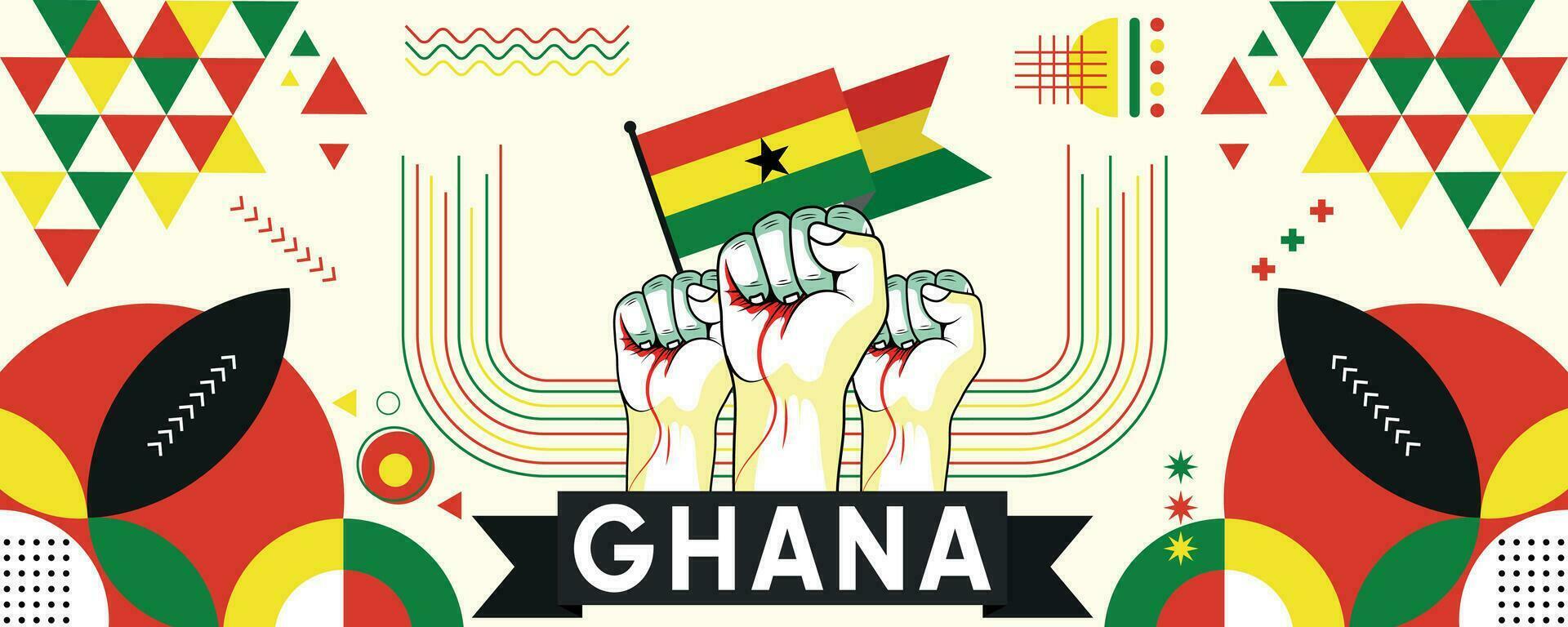 Ghana nazionale o indipendenza giorno bandiera per nazione celebrazione. bandiera di Ghana con sollevato pugni. moderno retrò design con typorgaphy astratto geometrico icone. vettore illustrazione.