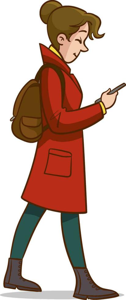 illustrazione di un' adolescenziale ragazza nel rosso giacca a piedi con un' mobile Telefono vettore