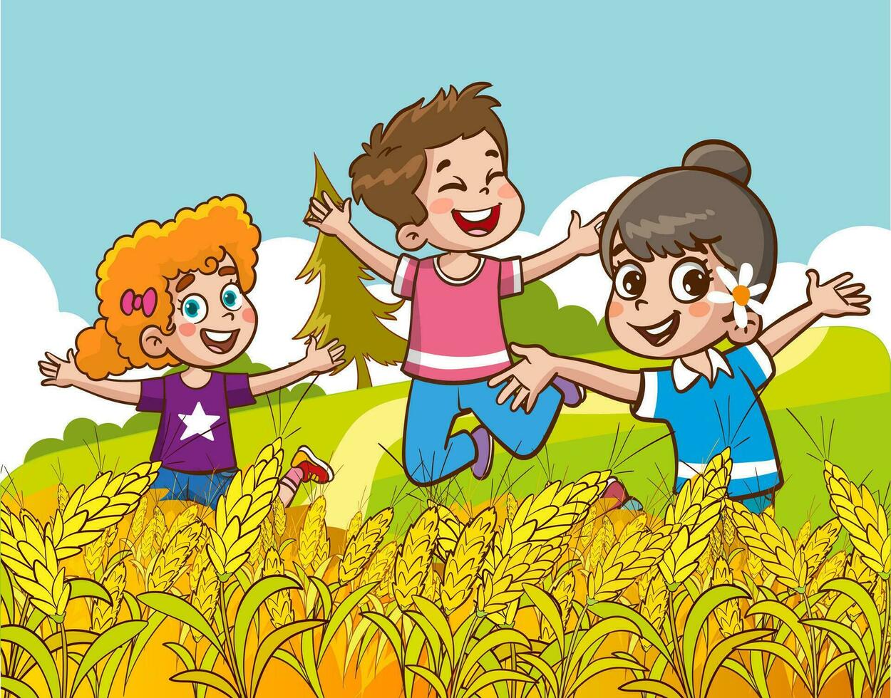 contento bambini giocando nel Grano campo. vettore illustrazione di bambini avendo divertimento all'aperto.