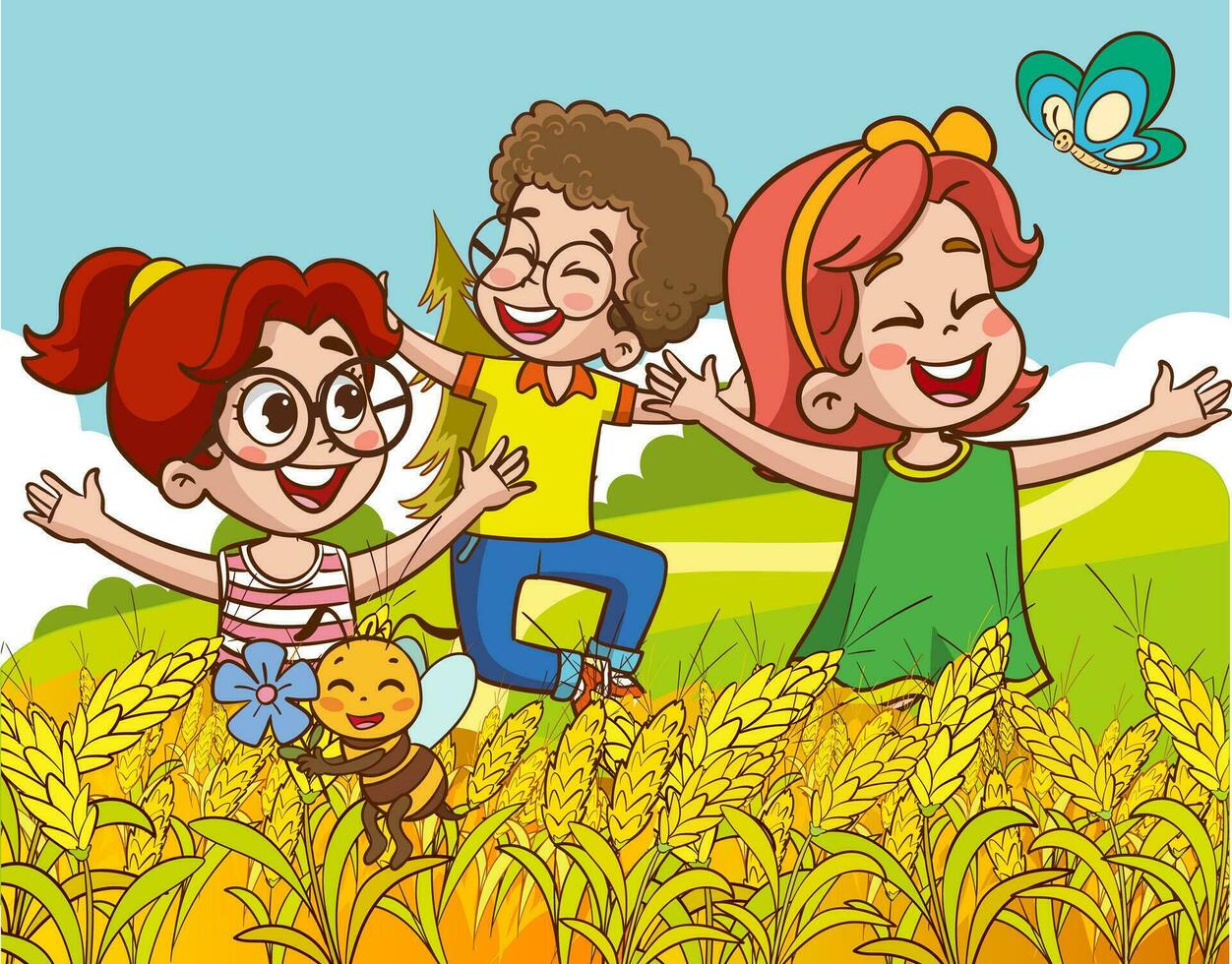 contento bambini avendo divertimento nel il campo di Grano. vettore illustrazione.