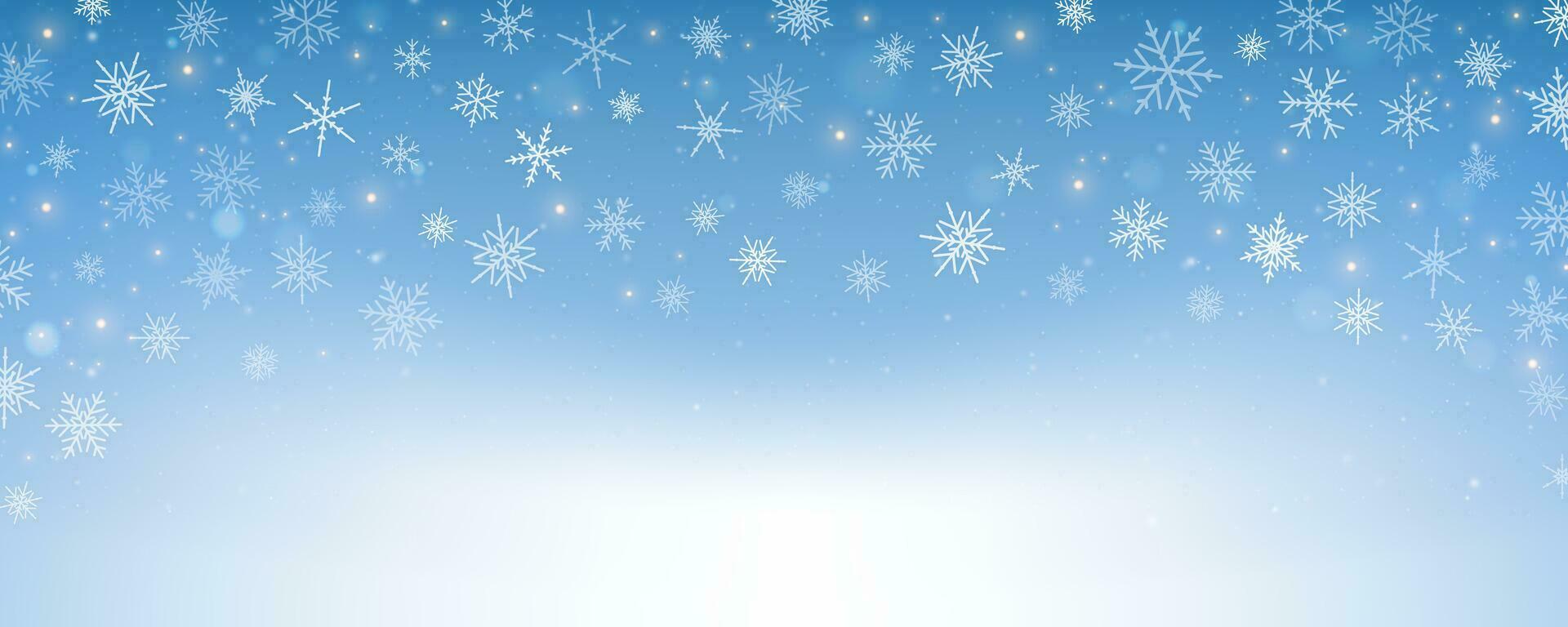 pastello inverno cielo con fiocchi di neve. blu leggero colore pendenza. fantasia morbido sfocato sfondo. vettore Natale paesaggio.