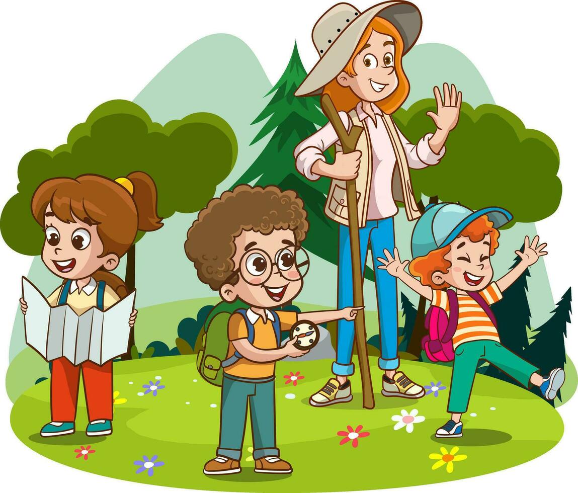 vettore illustrazione di bambini campeggio e il trekking