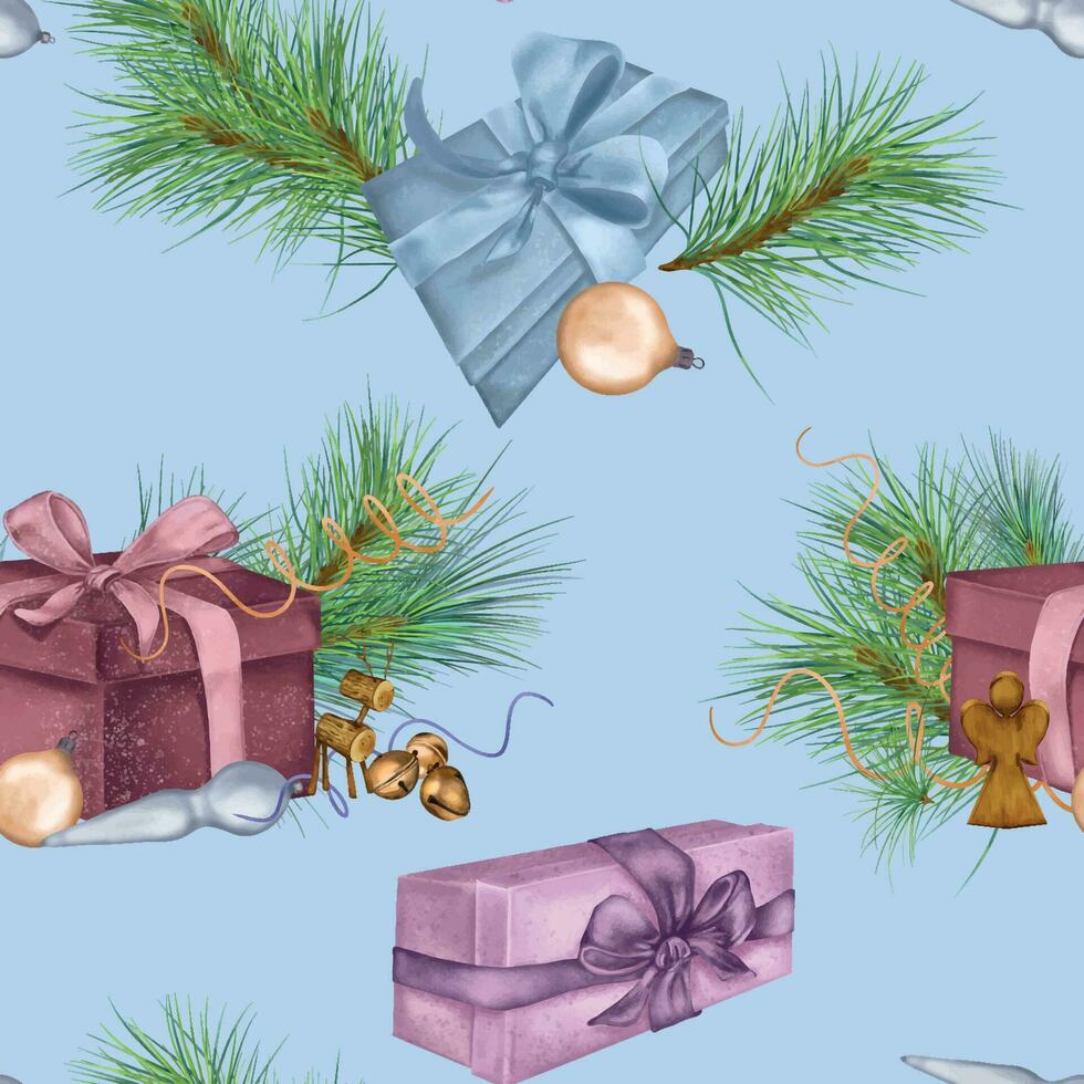 Natale senza soluzione di continuità modello di regalo scatole, Natale decorazioni digitale illustrazione isolato su blu. pino ramo, cervo, angelo mano disegnato. elemento per vacanza Stampa, nuovo anno avvolgere, sfondo vettore