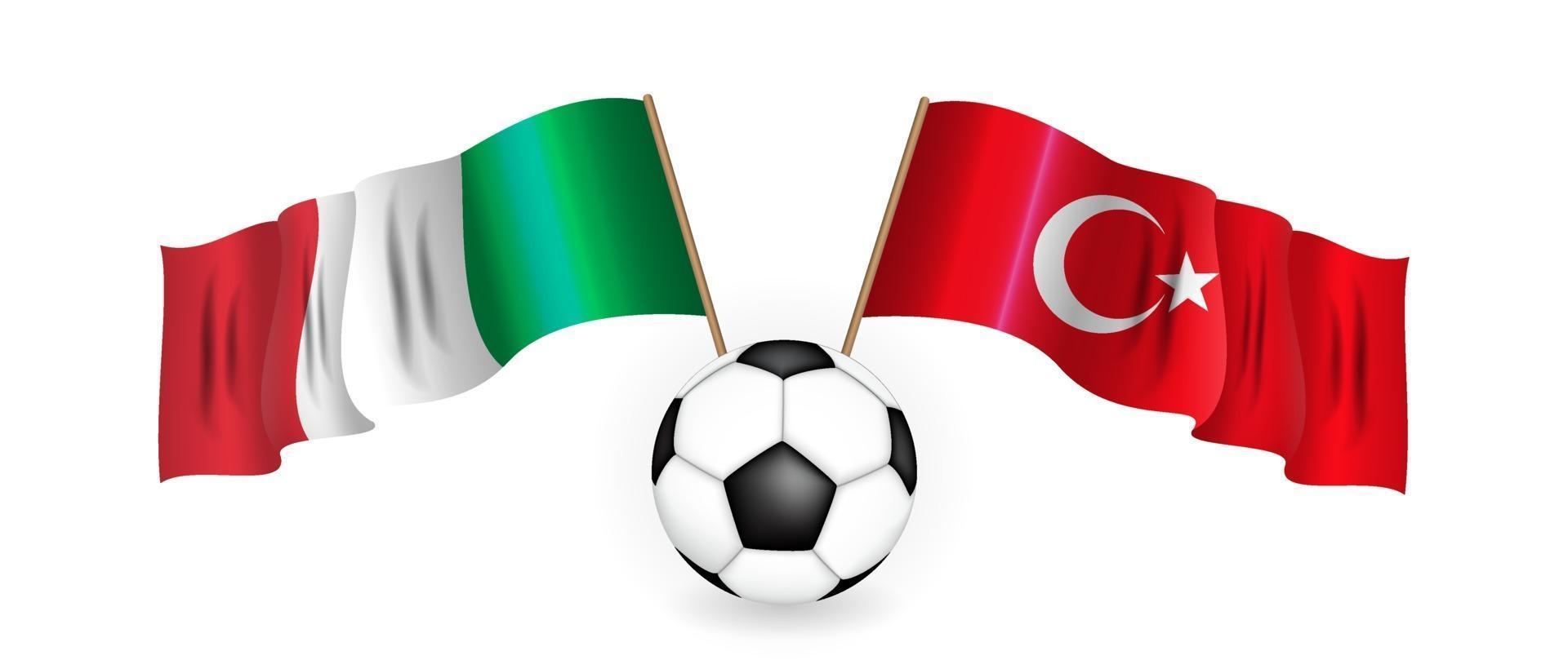pallone da calcio sullo sfondo delle bandiere della turchia e dell'italia vettore