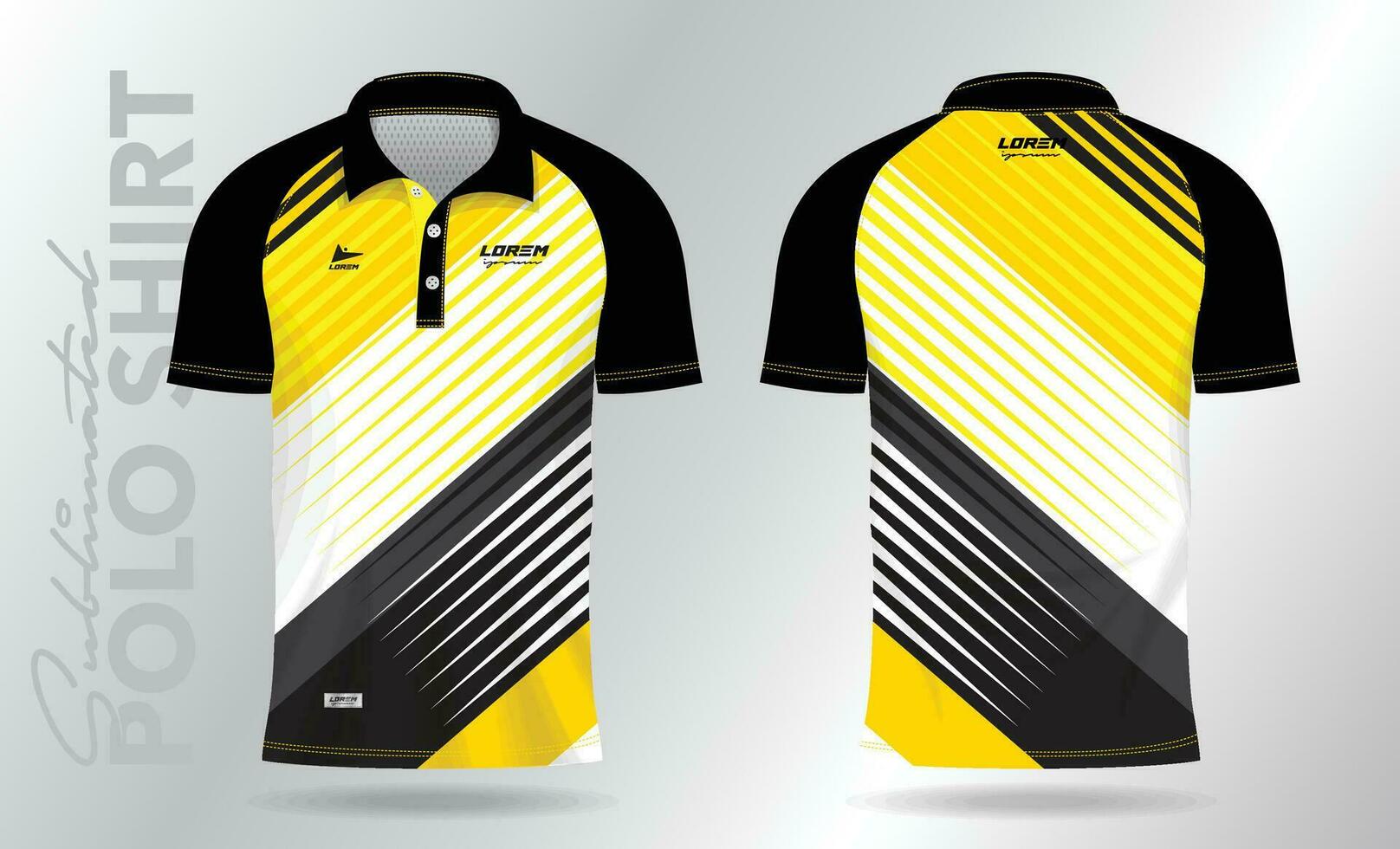 giallo e nero sublimazione polo camicia modello modello design per sport uniforme nel davanti Visualizza e indietro Visualizza vettore