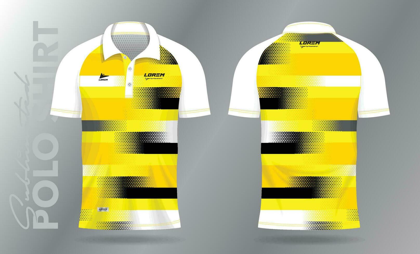 giallo e nero sublimazione polo camicia modello modello design per sport uniforme nel davanti Visualizza e indietro Visualizza vettore