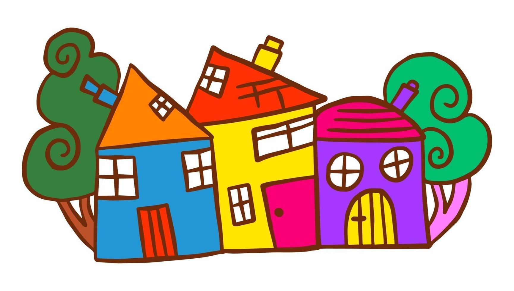 comunità del villaggio di doodle disegnato a mano colorato vettore