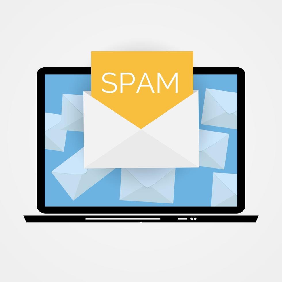 busta con spam. finestra di avviso e-mail di spam sullo schermo del laptop. vettore