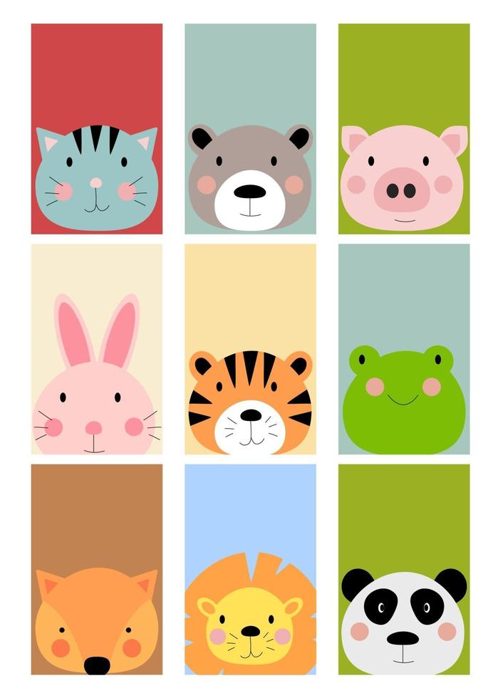 animali dello zoo lepre, tigre, rana, volpe, leone, panda, gatto, orso, maiale vettore