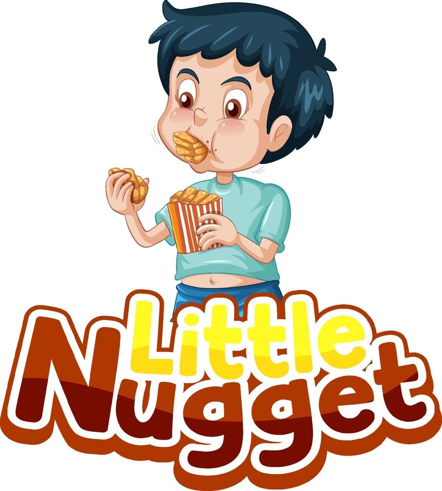 piccola pepita logo design del testo con un ragazzo che mangia crocchette di pollo vettore