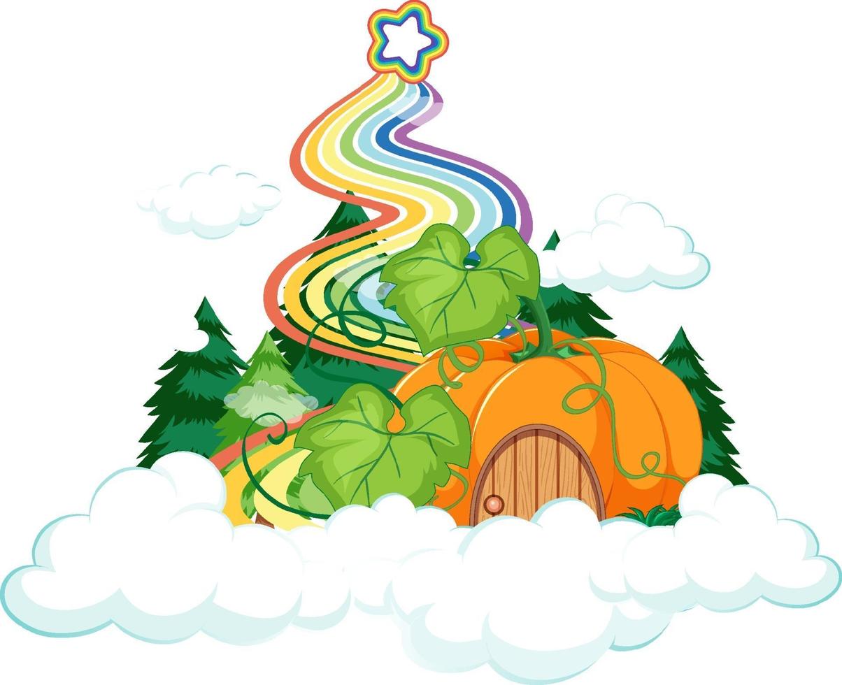 casa di zucca sulla nuvola con arcobaleno vettore