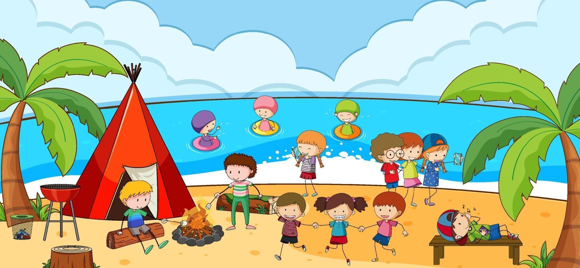 scena all'aperto in spiaggia con molti bambini in campeggio in spiaggia vettore