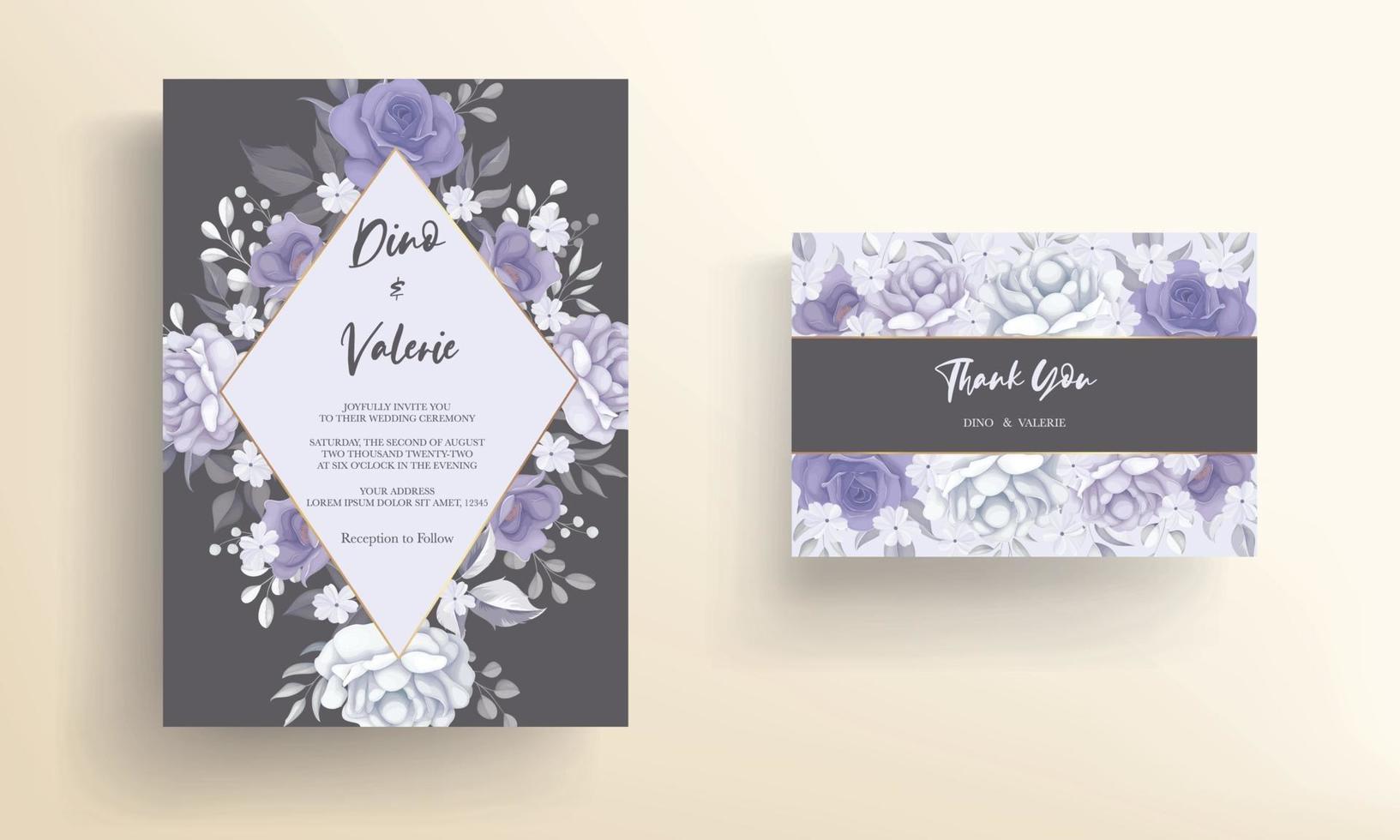 bellissimo biglietto d'invito per matrimonio con decorazione floreale viola vettore