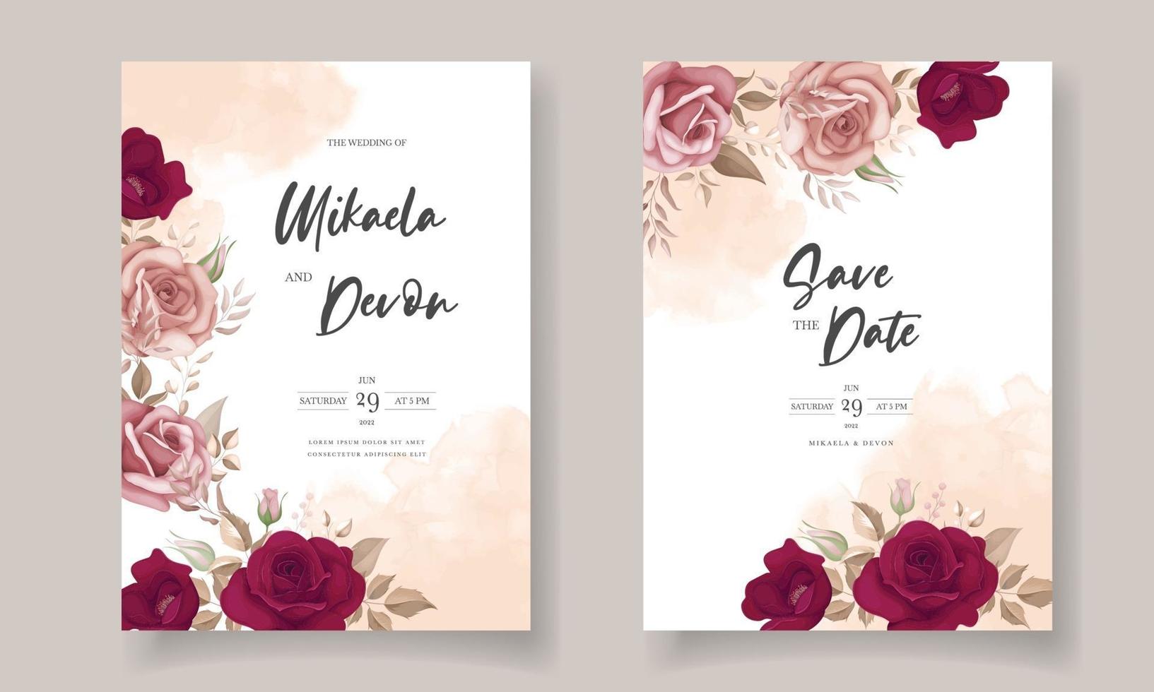 elegante biglietto d'invito per matrimonio con bellissime rose marroni vettore