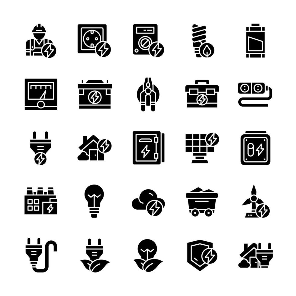 set di icone di elettricità con stile glifo. vettore