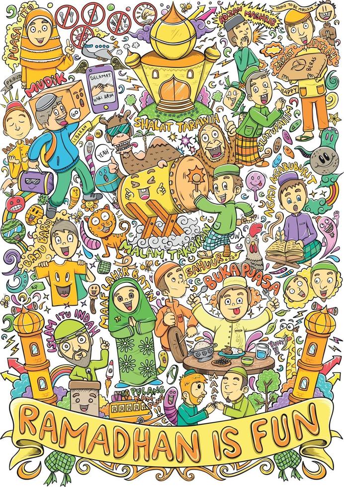 doodle islamico per l'illustrazione dell'evento ramadhan e eid mubarrak vettore