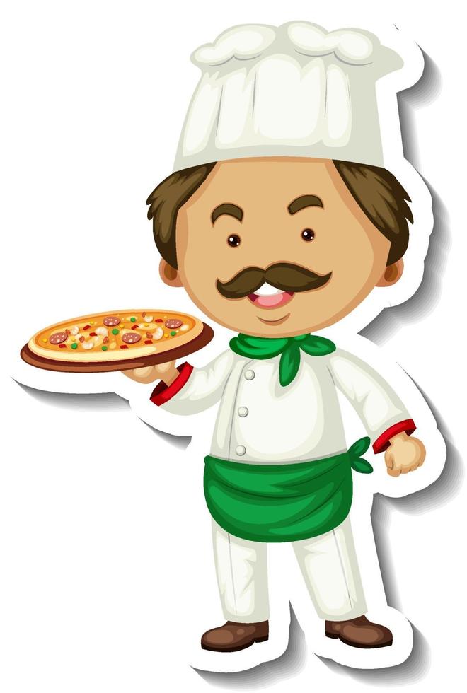 modello di adesivo con un uomo chef tiene il vassoio della pizza isolato vettore