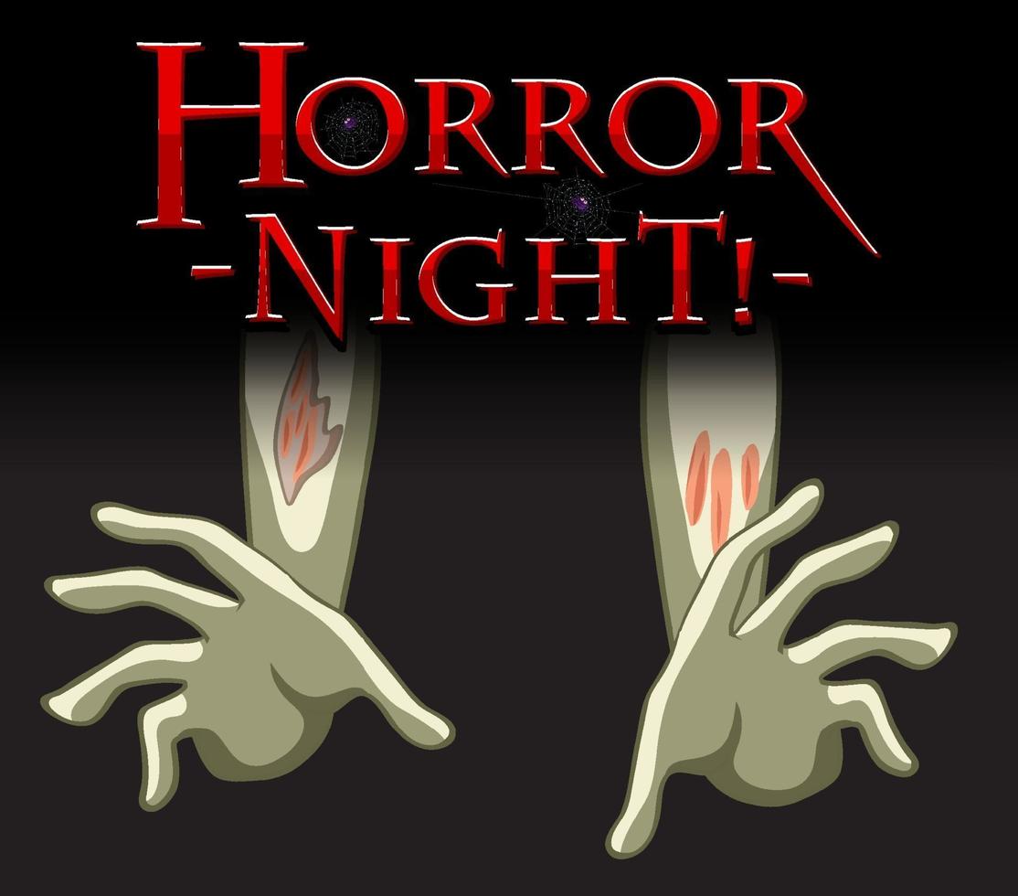 logo del testo della notte dell'orrore con le mani del cadavere vettore