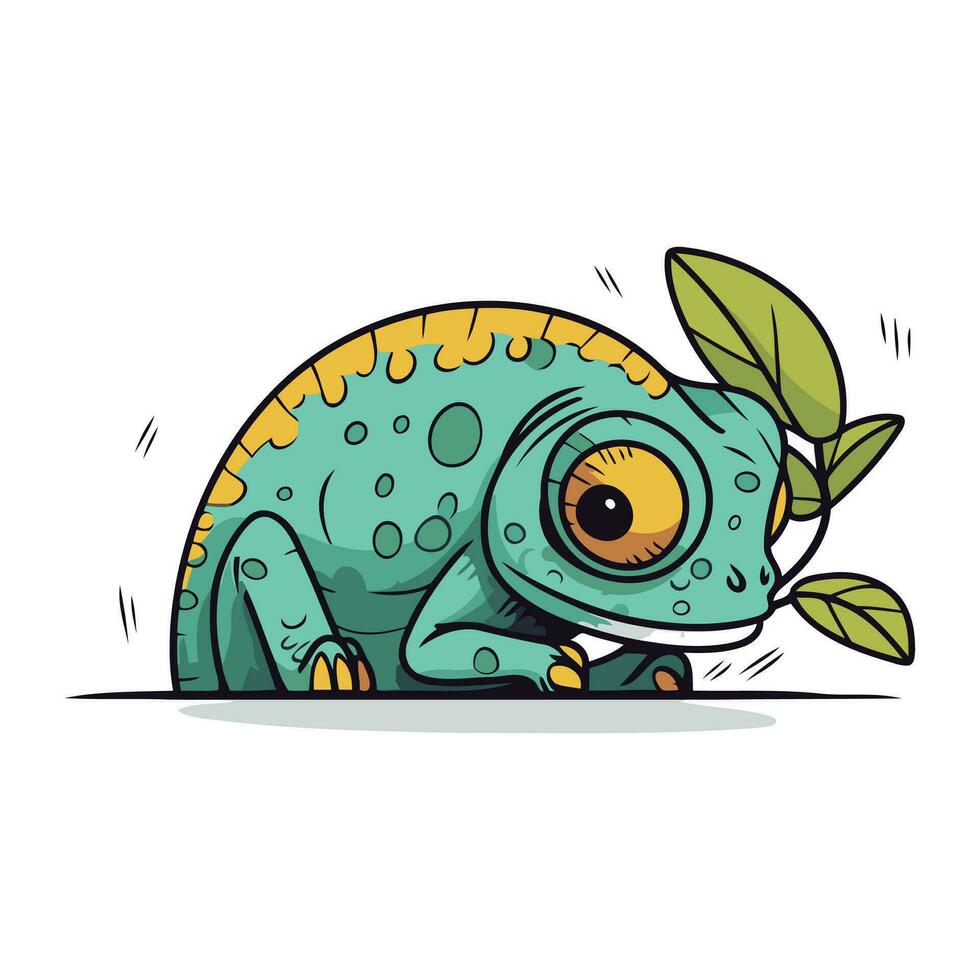 carino cartone animato camaleonte con verde occhi e le foglie. vettore illustrazione.