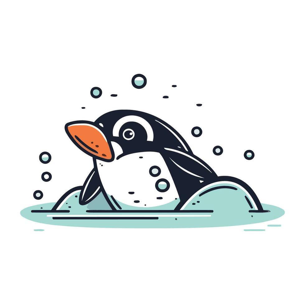 carino pinguino nuoto nel il mare. vettore illustrazione nel lineare stile.