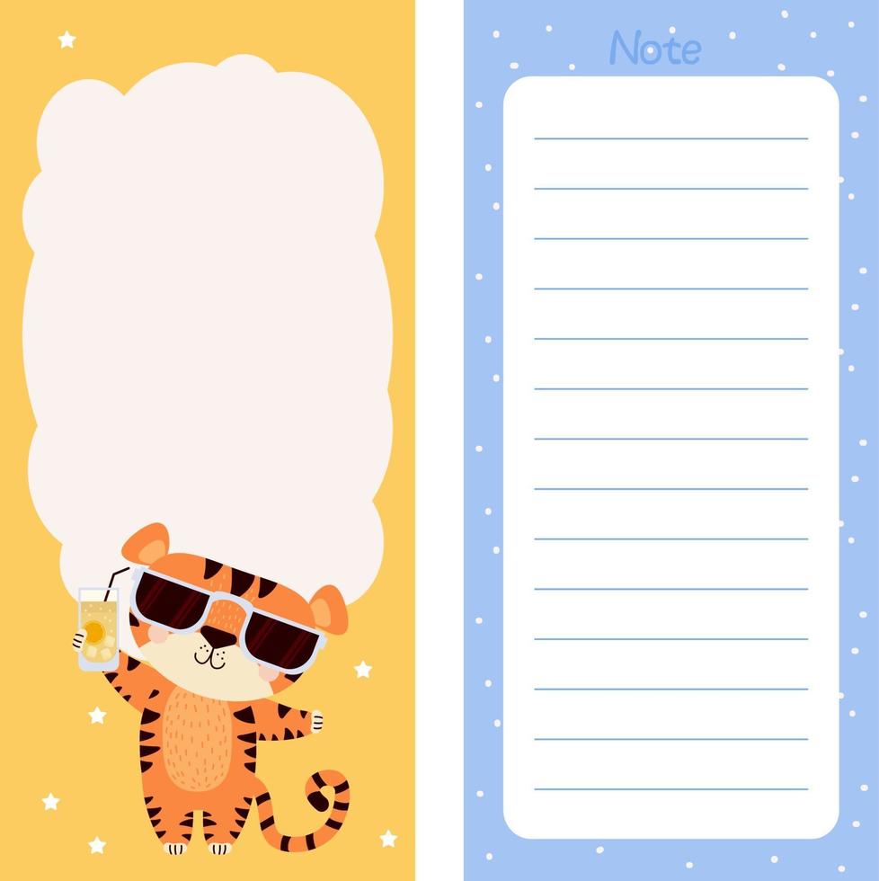 carta per appunti, lista delle cose da fare, modelli adesivi tigre con occhiali da sole vettore
