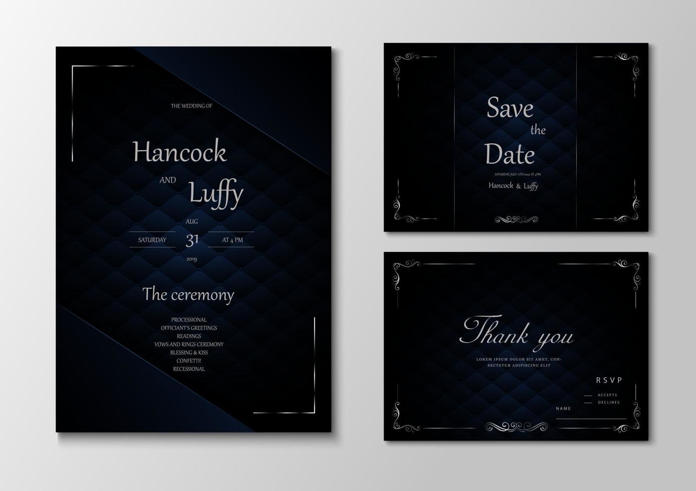 modello di carta di invito a nozze design lusso di sfondo blu scuro vettore
