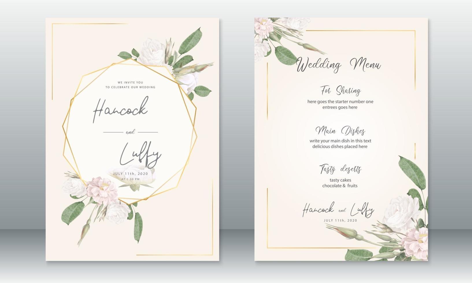 modello di carta di invito a nozze con cornice dorata e bouquet di rose vettore