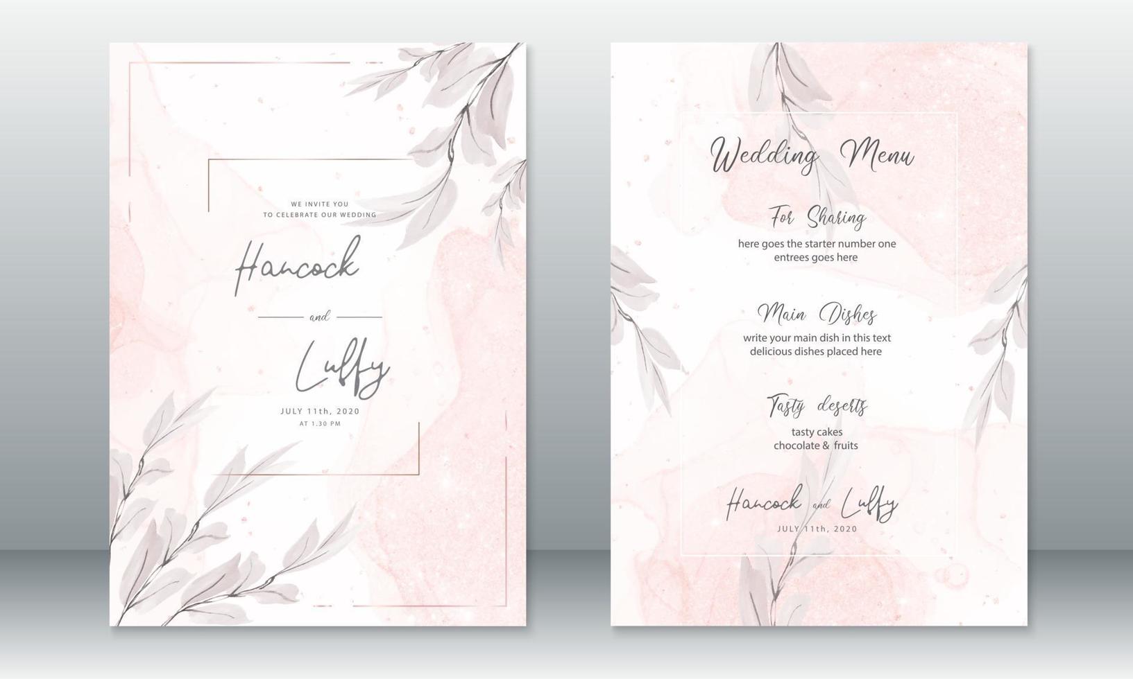 modello di carta di invito a nozze rosa con foglia naturale vettore