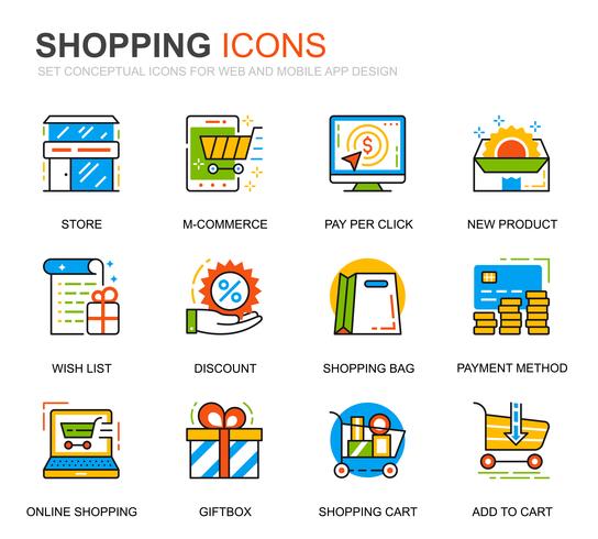 Set semplice Shopping e icone di linea e-commerce per applicazioni Web e mobili vettore