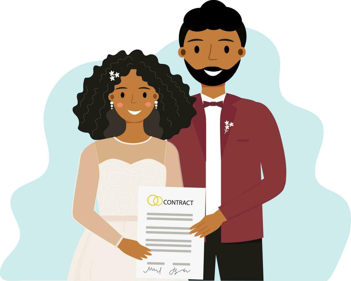 africano americano sposa e sposo Tenere prematrimoniale accordo documento. matrimonio contrarre concetto. vettore illustrazione su bianca sfondo.