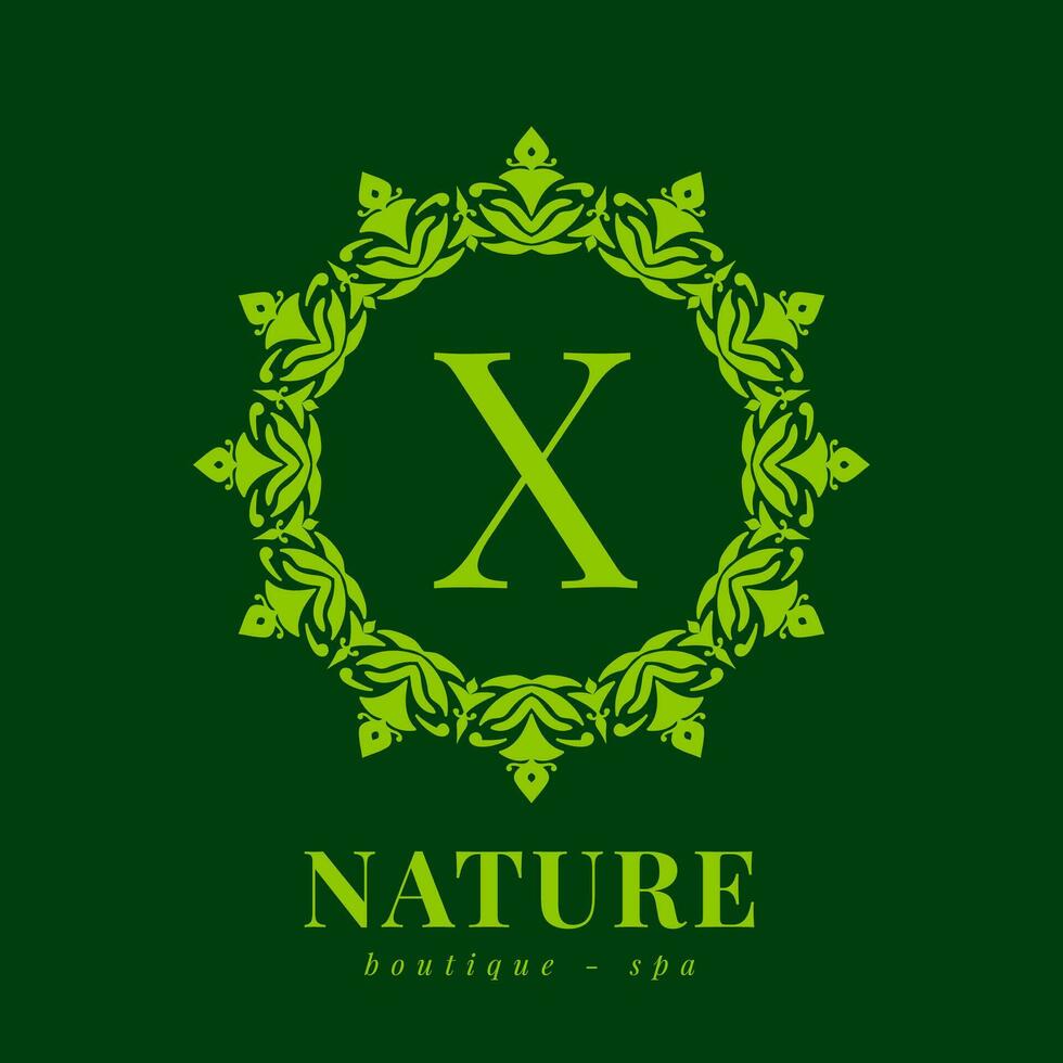 lettera X natura confine ghirlanda iniziale logo per boutique terme e bellezza benessere vettore