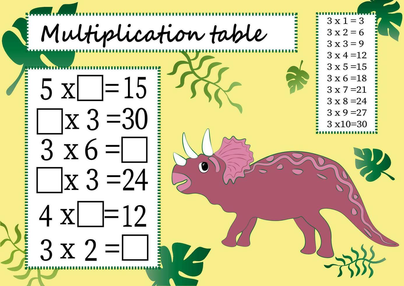 moltiplicazione tavolo di 3 con un' compito per consolidare il conoscenza di moltiplicazione. colorato cartone animato moltiplicazione tavolo vettore per insegnamento matematica. dinosauri eps10