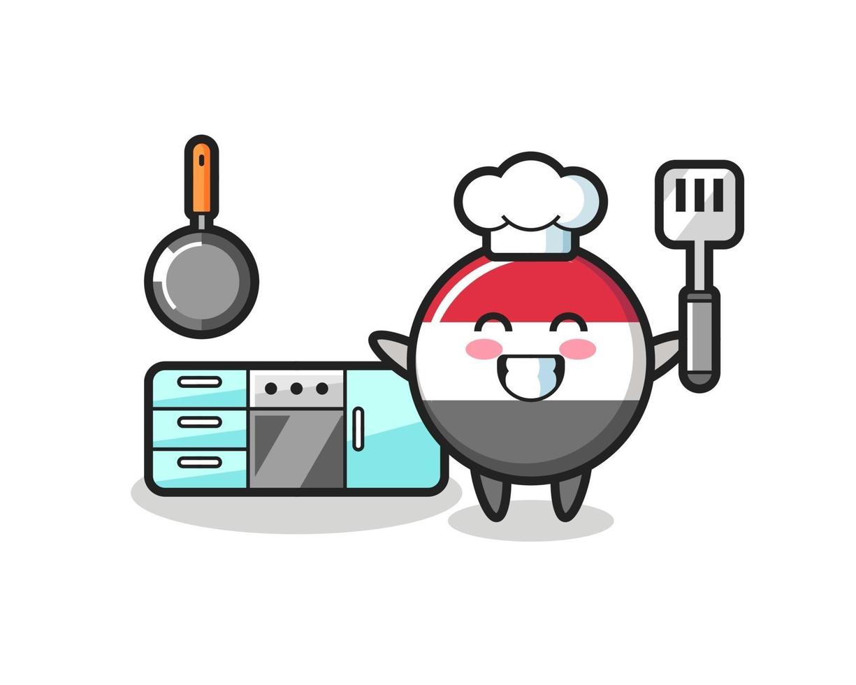 illustrazione del personaggio del distintivo della bandiera dello Yemen mentre uno chef sta cucinando vettore