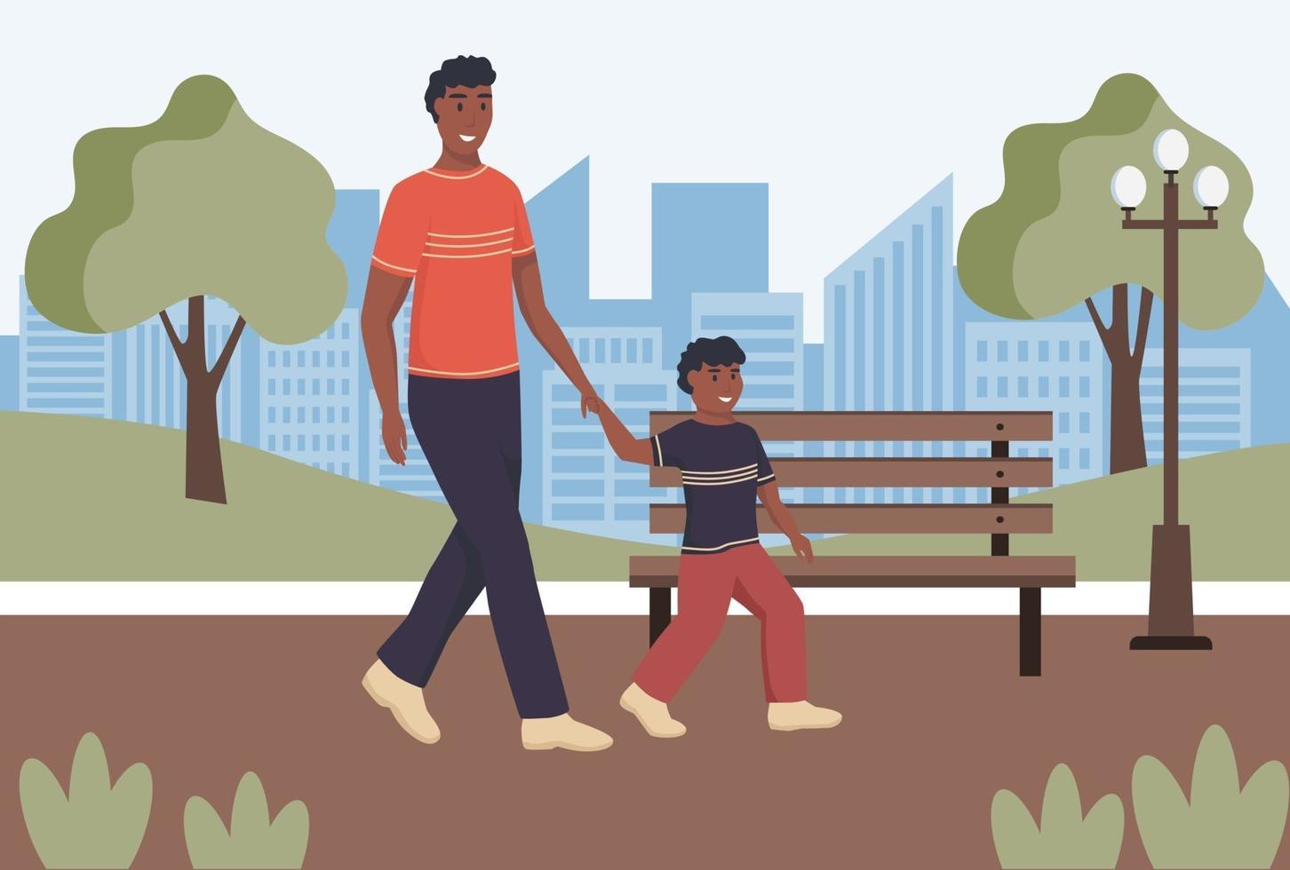 un giovane con un bambino sta camminando nel parco. vettore