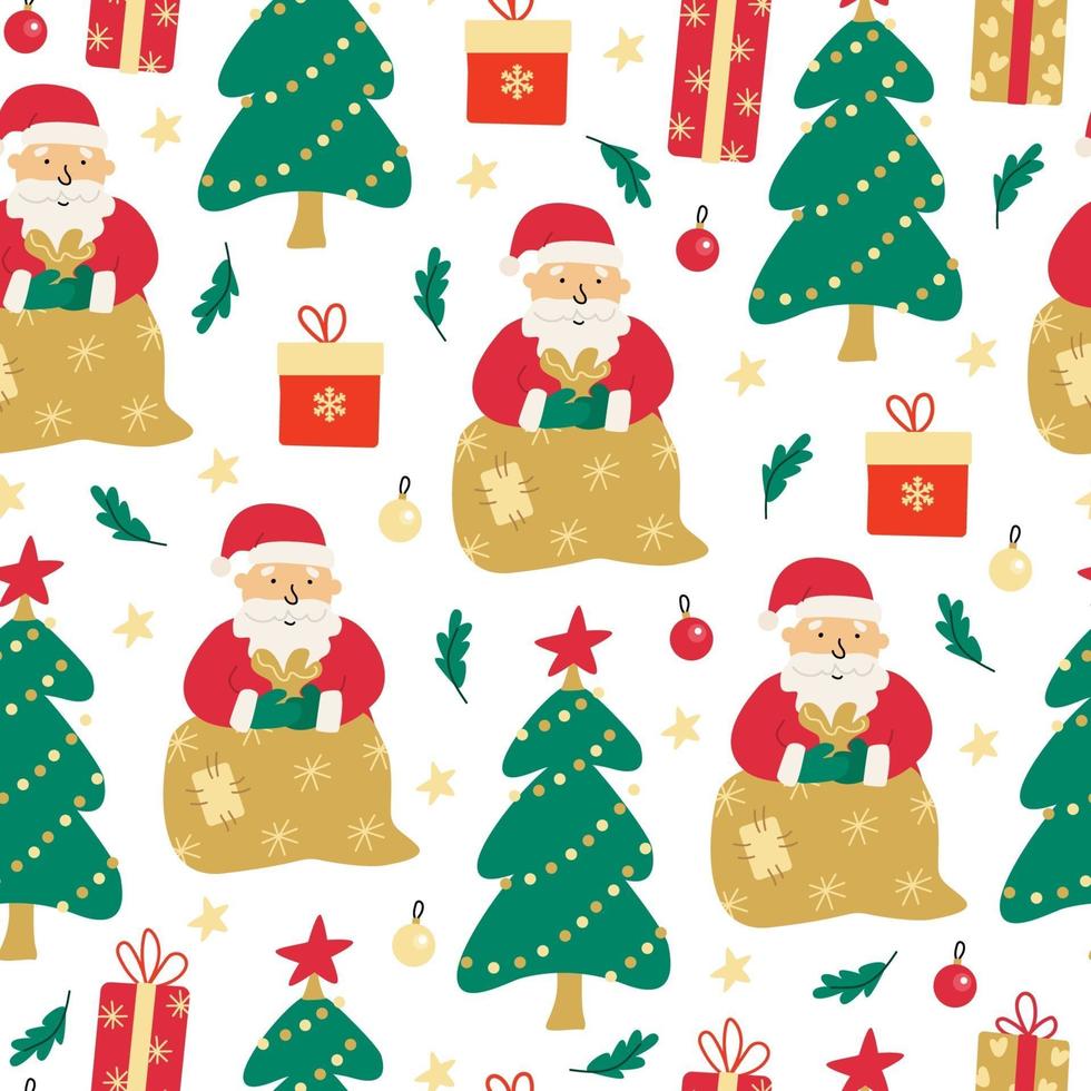 motivo senza cuciture con babbo natale con borsa, scatole regalo e alberi di natale vettore