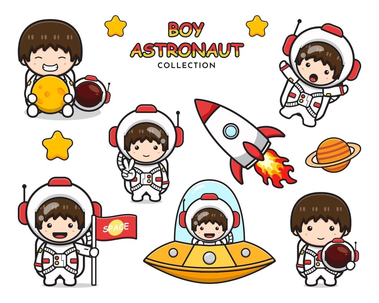 set collezione di simpatico ragazzo astronauta fumetto icona clipart illustrazione vettore