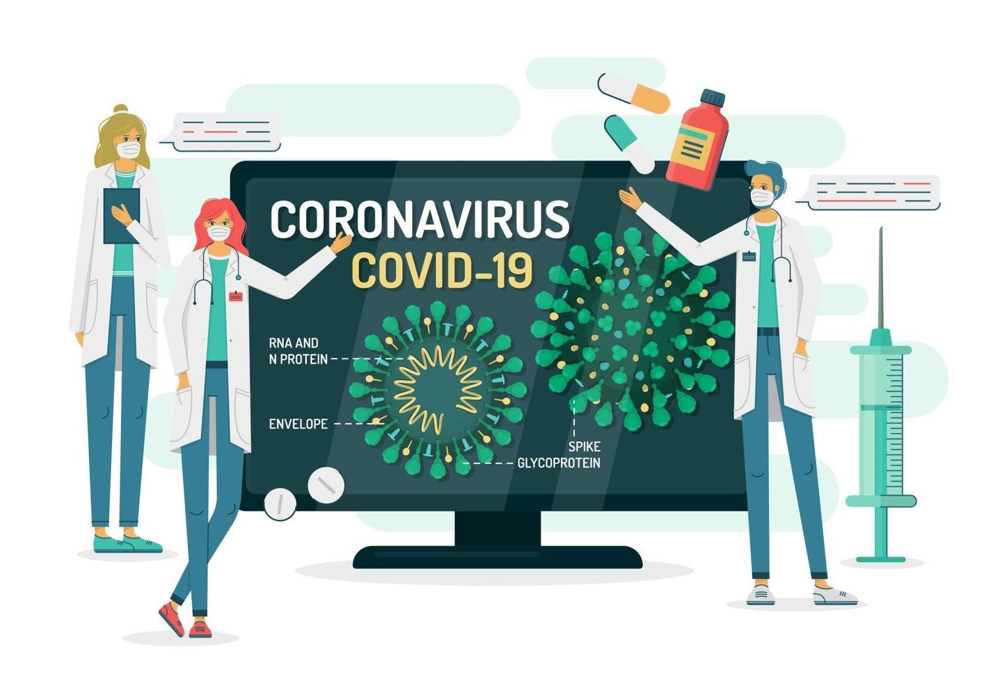 i medici parlano della struttura del coronavirus in tv vettore
