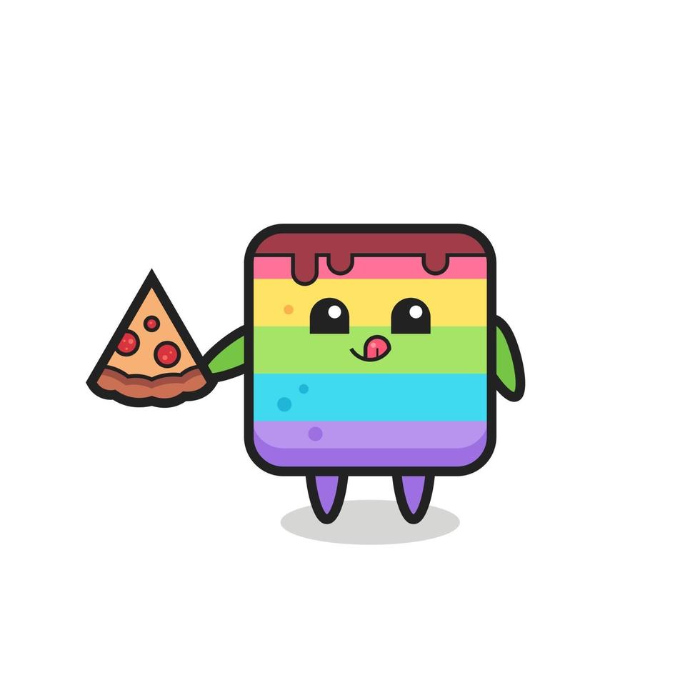 simpatico cartone animato torta arcobaleno che mangia pizza vettore