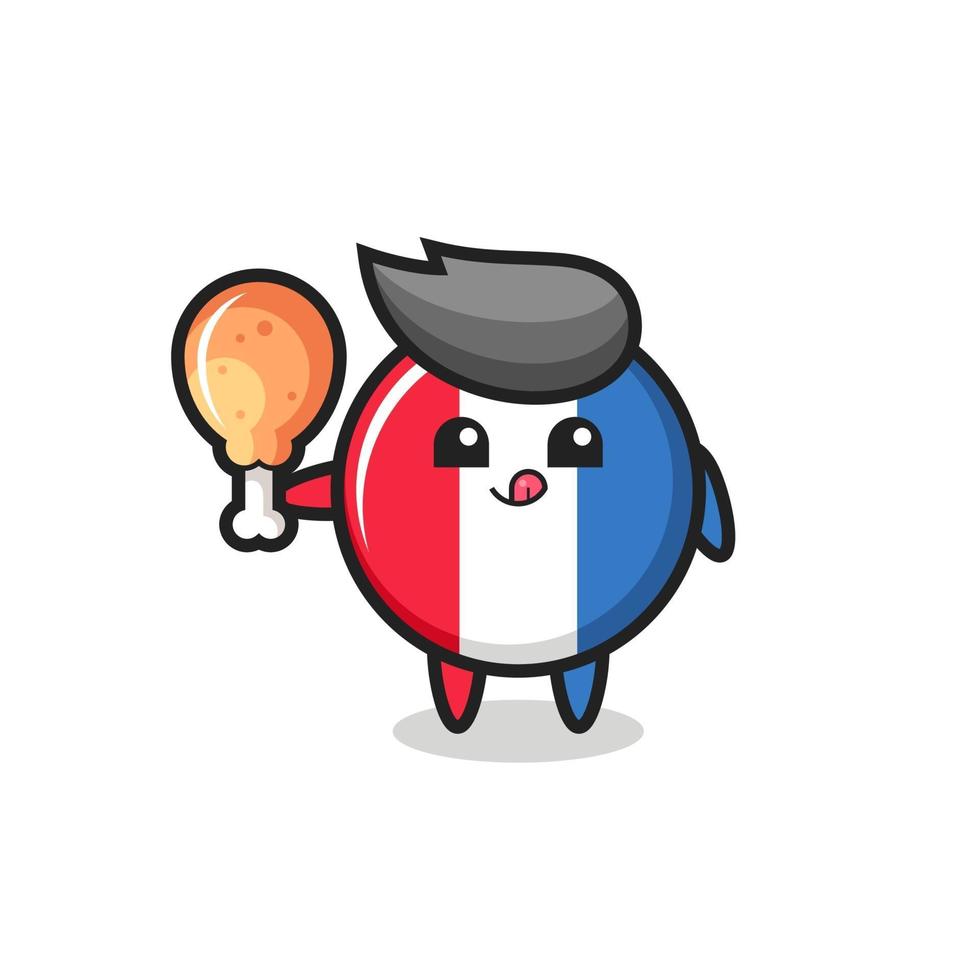 Distintivo della bandiera della Francia La simpatica mascotte sta mangiando un pollo fritto vettore