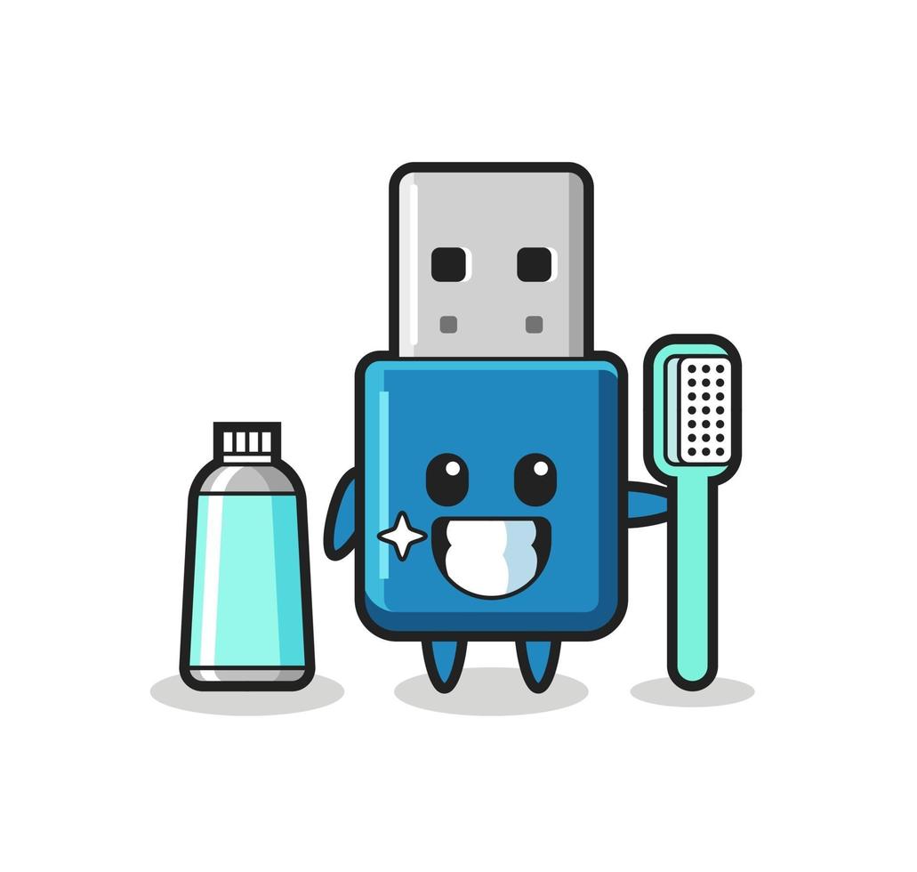 illustrazione mascotte della chiavetta USB con uno spazzolino da denti vettore