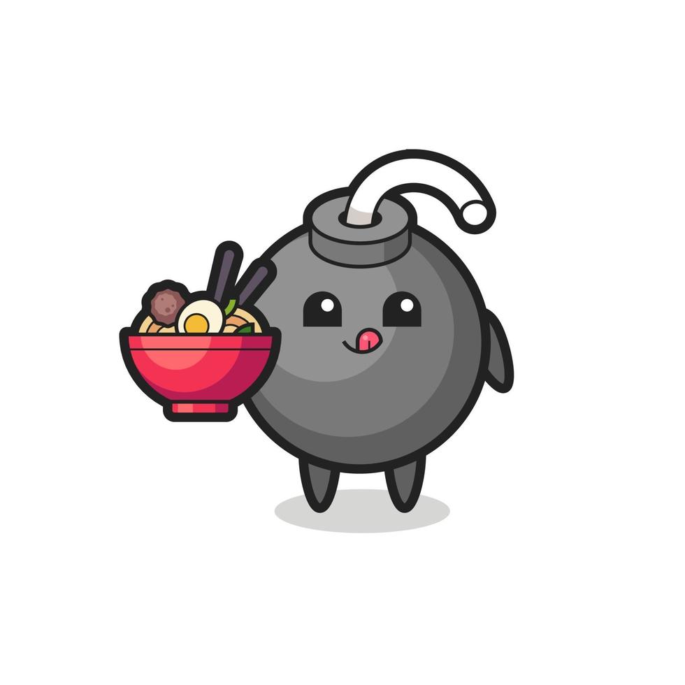 simpatico personaggio bomba che mangia noodles vettore
