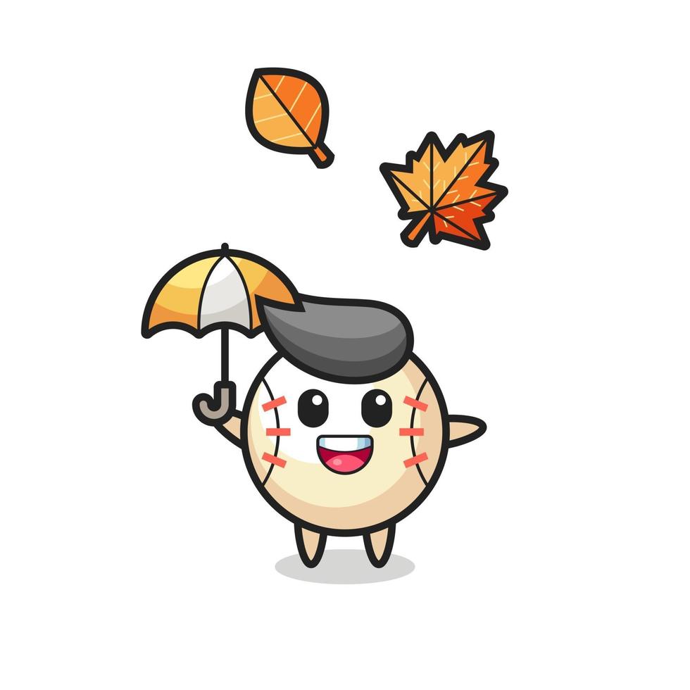 cartone animato del simpatico baseball che tiene un ombrello in autunno vettore