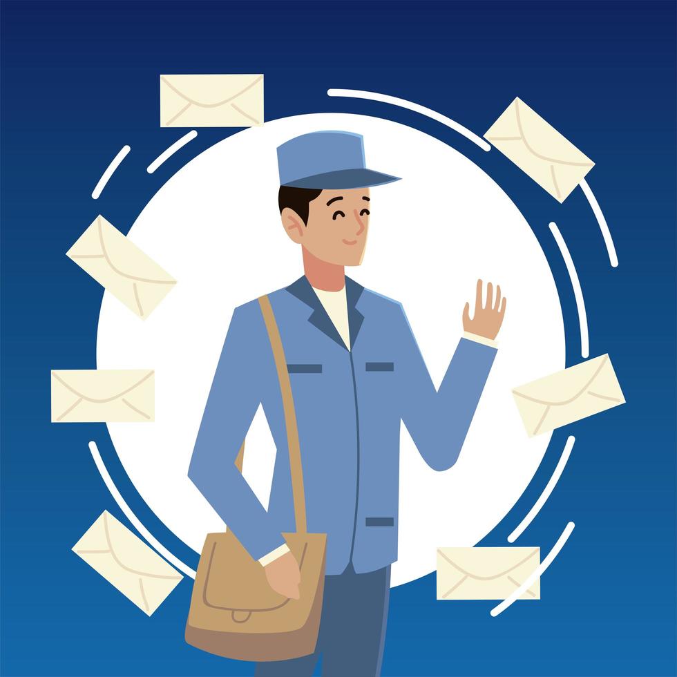personaggio postino del servizio postale in uniforme con buste vettore