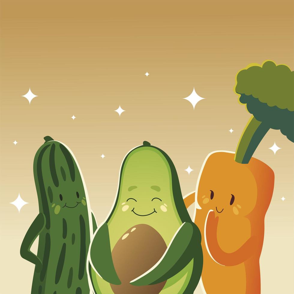 verdure kawaii simpatico cartone animato felice avocado cetriolo e carota vettore