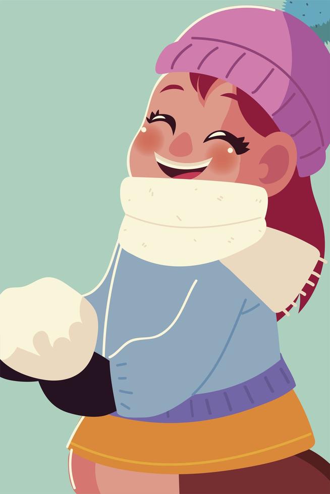 bambina felice con vestiti caldi che gioca con il cartone animato di palle di neve vettore
